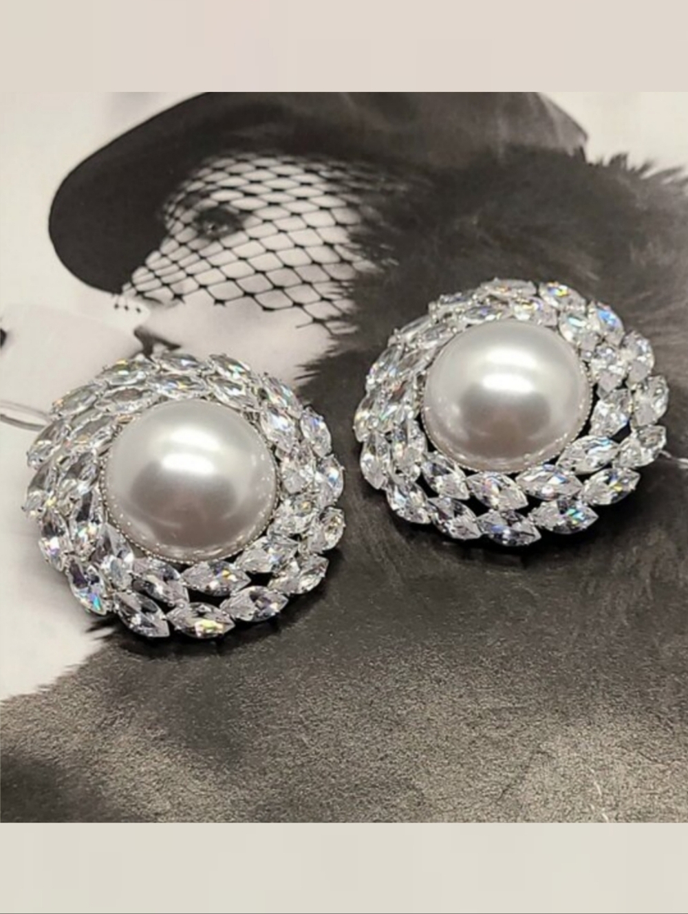 Vintage Estate 80s 90s Round AB Crystal & Pearl Glamourous Silver Earrings